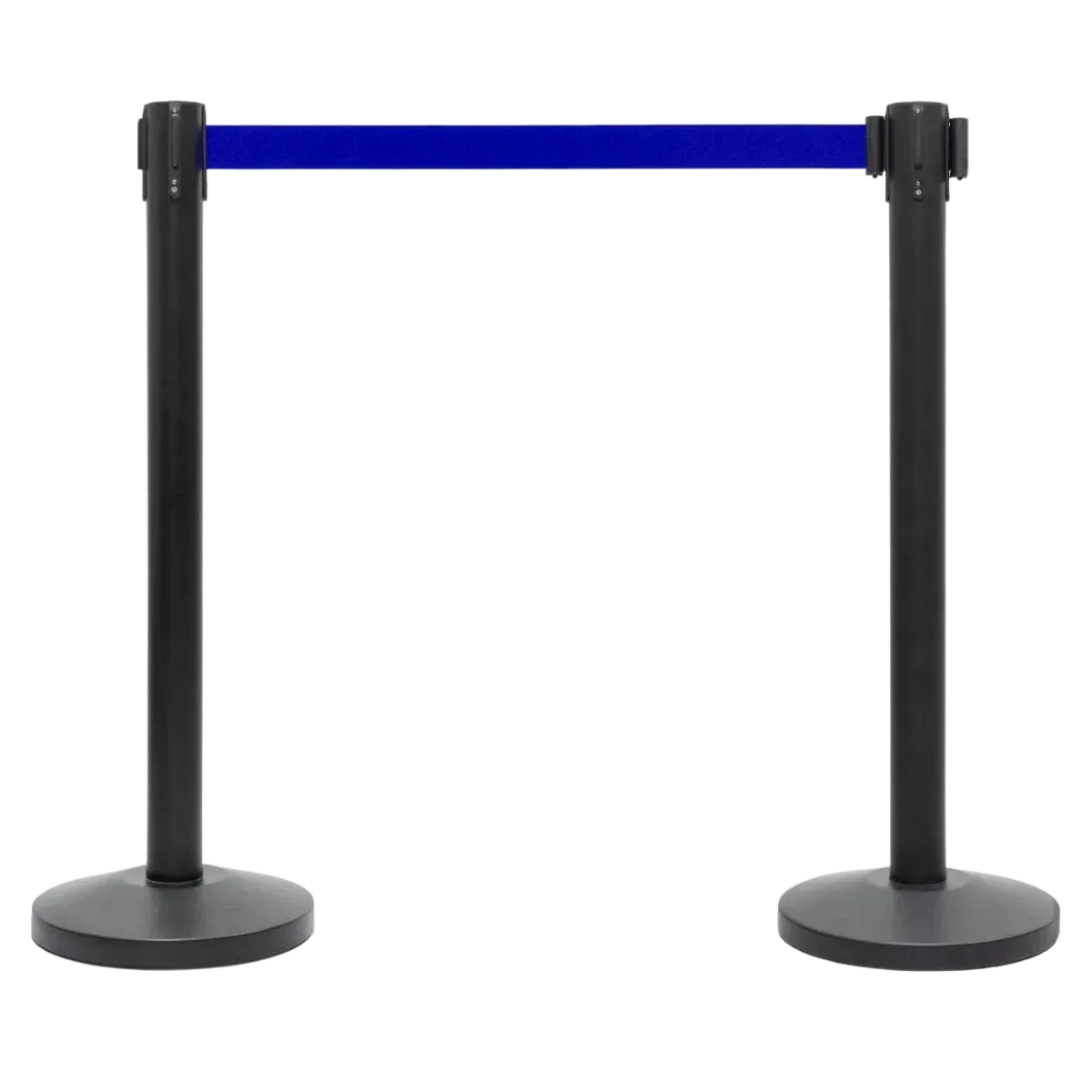 Two black belt stanchion posts with a blue belt drawn between them