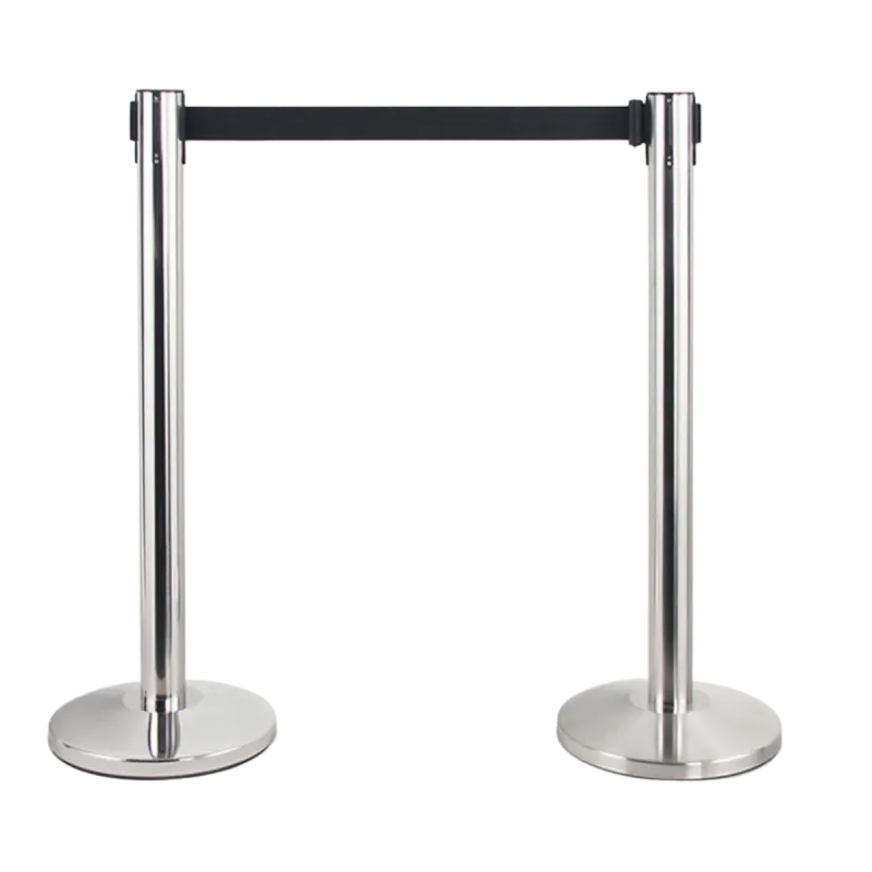 Polished chrome belt stanchion post with a retractable black belt