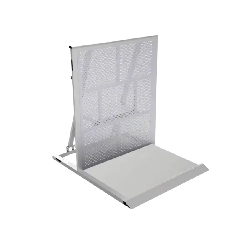 Aluminium stage barrier section from the front, with its perforated panel and base plate